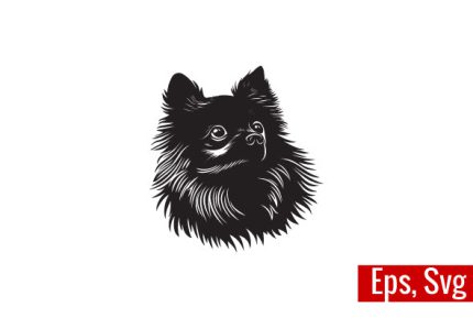 Stylized Pomeranian dog head, black and white vector illustration isolated on white. Ideal for pet-related designs, logos, and branding. Pro Vector and Pro SVG